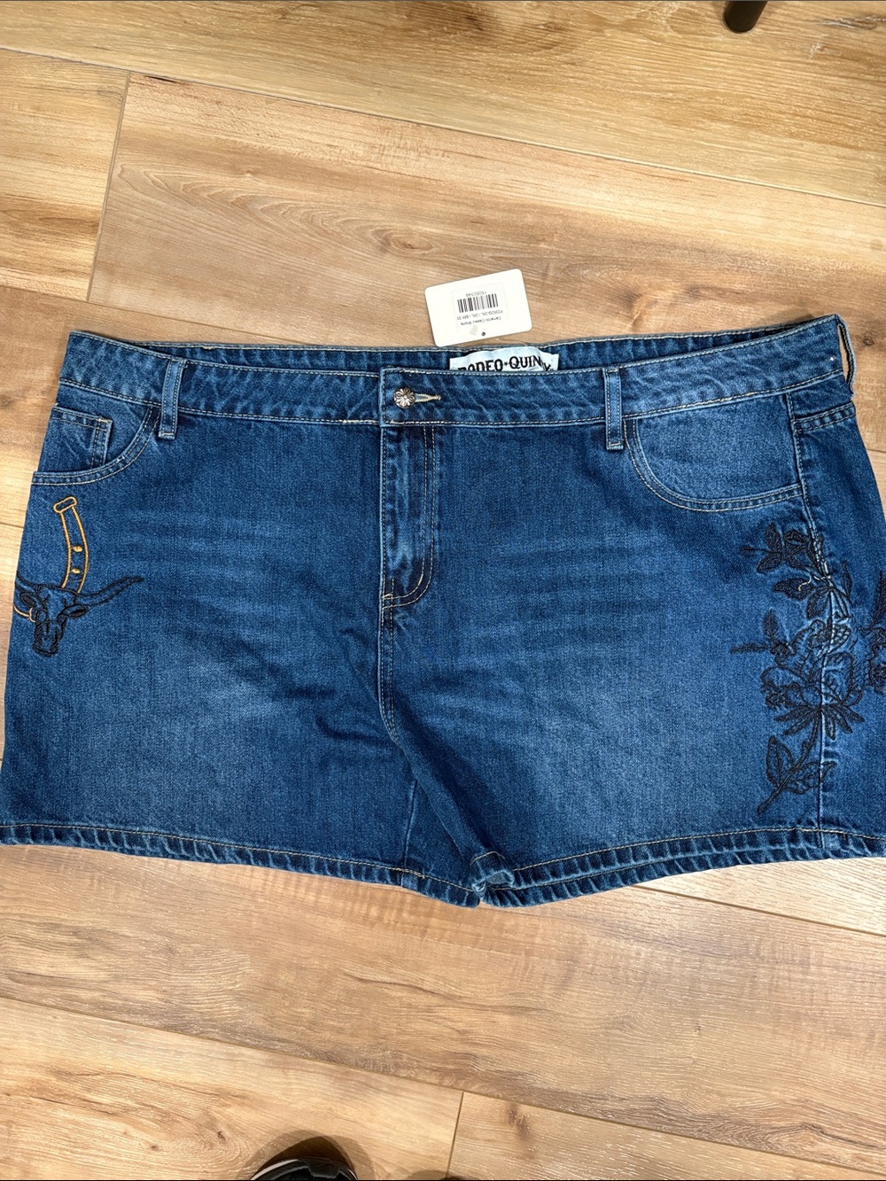 Rodeo-Quinn Women's Dark Blue Denim Jean Shorts with Embroidery